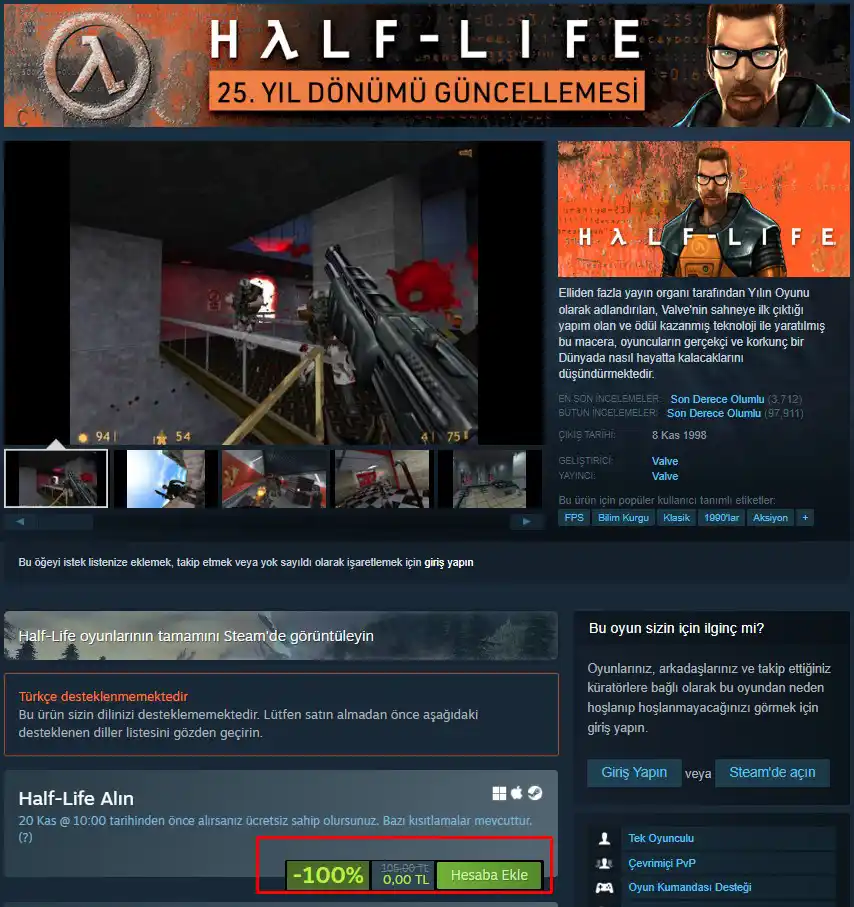 Half-Life 25. Yıl Dönümüne Özel Steam’de Ücretsiz Oldu! 