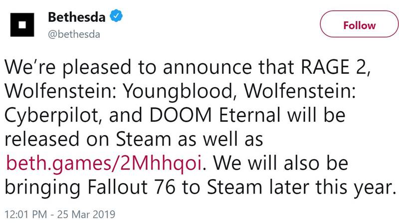 Fallout 76, Rage 2, Doom Eternal ve Wolfenstein Oyunları Steam'e Geliyor 