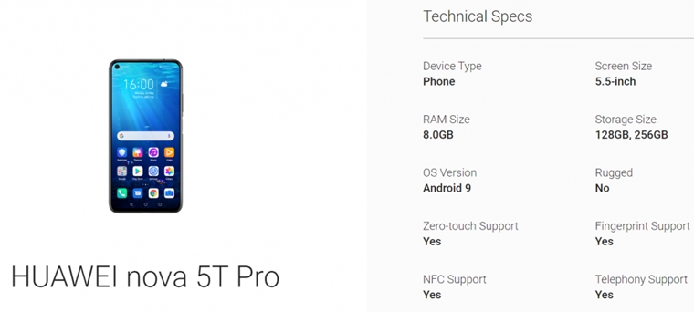 Huawei Nova 5T Pro, Android Kurumsal Listesinde Yerini Aldı! 