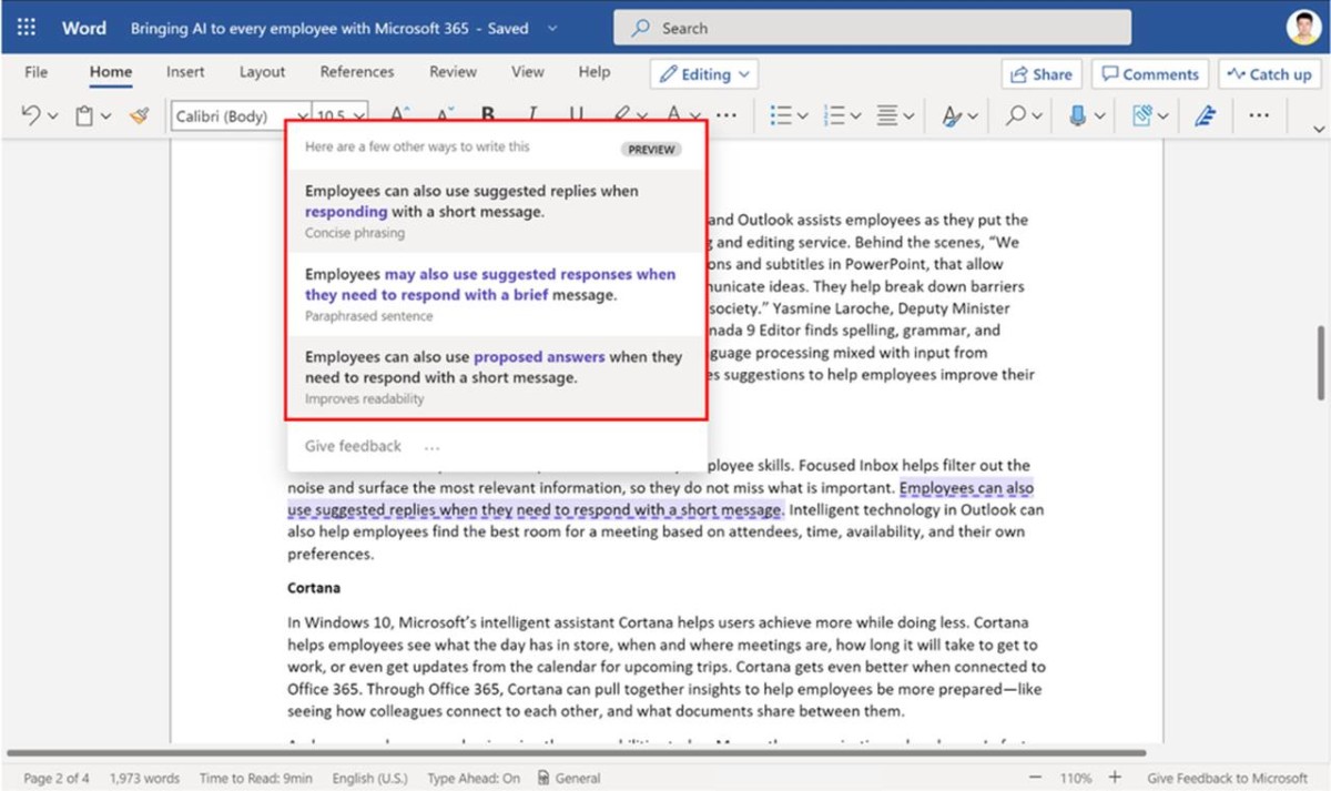 Microsoft Word, Artık Cümle Düzeyinde Yazma Önerileri Sunabiliyor  
