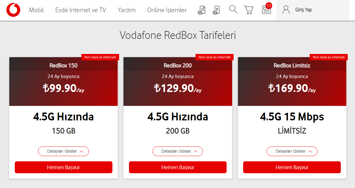 Vodafone RedBox Fiyatları ve Paketleri