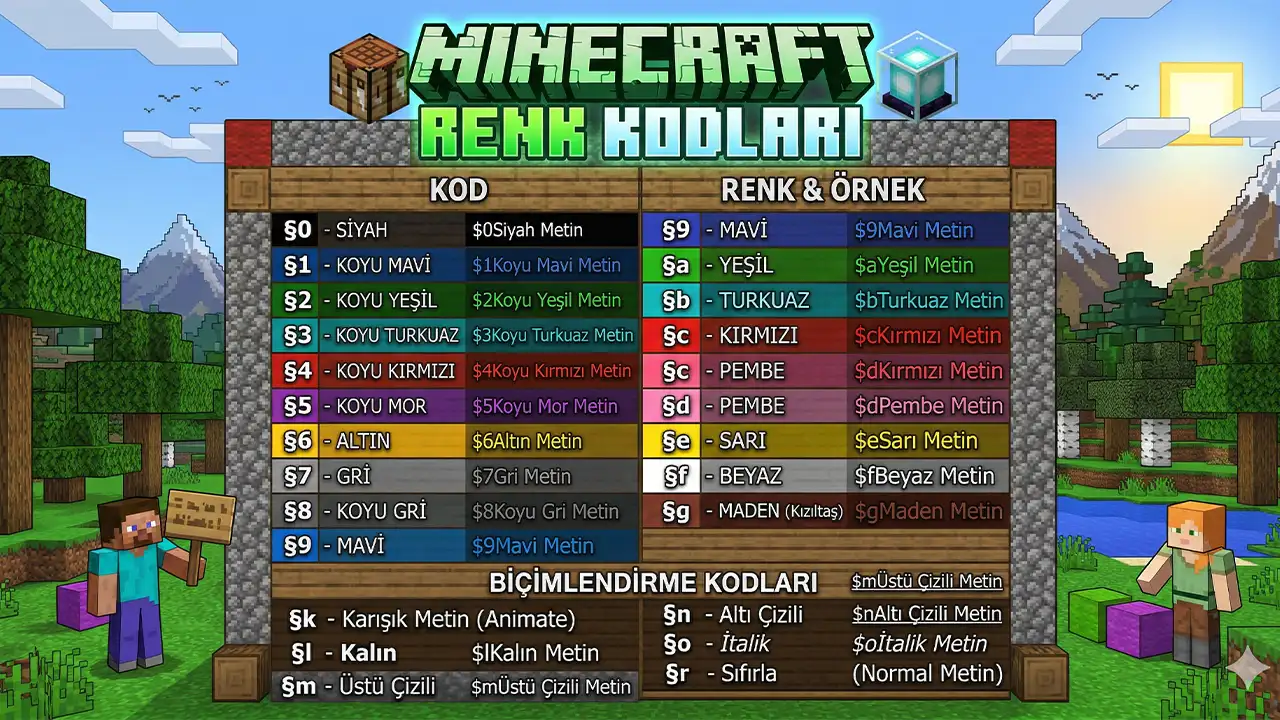 Minecraft Renk Kodları Minecraft Renk Kodları