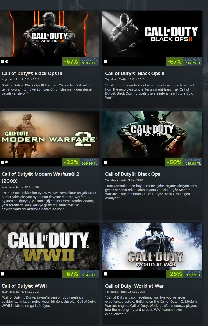Steam'de Call of Duty Oyunlarında %67'ye Varan İndirim: Steam Dolar Kuruna Geçmeden Değerlendirin!  