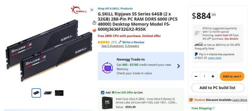 64 GB DDR5 Kiti Artık Ücretsiz! Intel Core Ultra 9 285K İşlemciyle Birlikte Geliyor 64 GB DDR5 Kiti Artık Ücretsiz! Intel Core Ultra 9 285K İşlemciyle Birlikte Geliyor